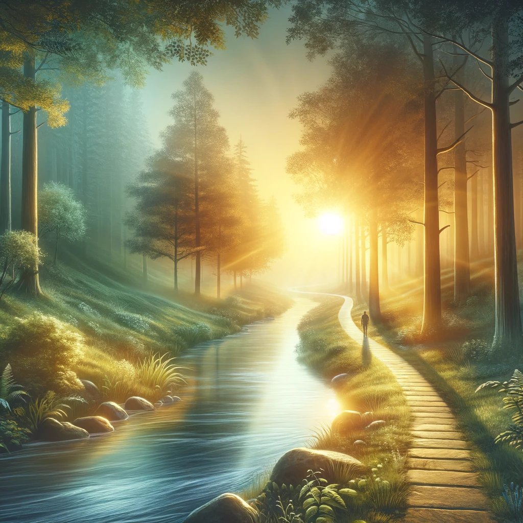 Serene landscape symbolizing new beginnings and hope for gambling addiction recovery, featuring a path leading into a sunrise, calm river, lush greenery, and gentle sunlight.